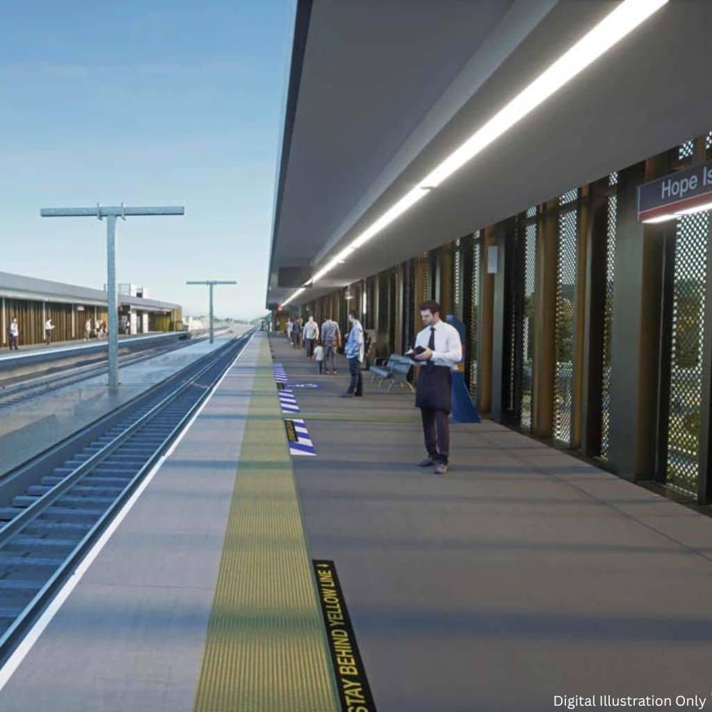A digital illustration of Hope Island railway station.